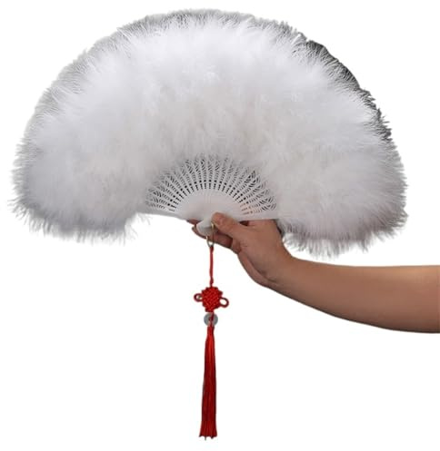 WEKONUMEX Ostrich Marabou Feather Hand Fan, Chinese Knot Fairy Girl Dance Feather Fan Handheld(White)