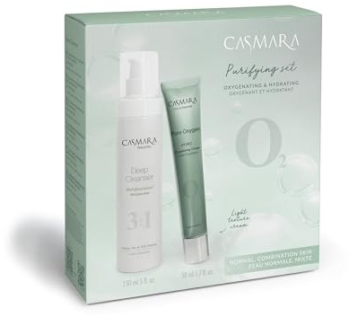 CASMARA - Kit (2 ud) Limpiador Facial 3 en 1 + Crema Facial Oxigenante con Acido Hialuronico, Gel limpiador Desmaquillante, Crema que Purifica, Hidrata y Oxigena, Todo Tipo de Piel, Peptidos Faciales