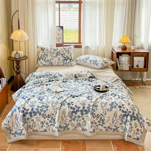 Odot Edredón Verano Cama 150/180/200/220, 2,5 TOG Reversible Edredon Acolchado Invierno Sin Funda - Ligera y Respirable Manta de Suave para Días Calurosos (Hojas Azules,150 * 200cm)