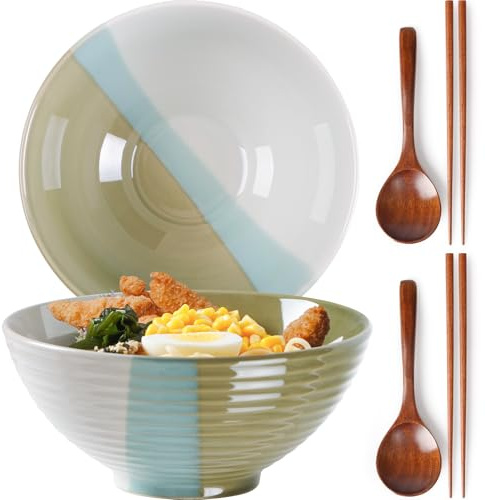 NUTRIUPS Ramen Bowl Set of 2-1200ml Ceramic Ramen Bowl, Japanese Style (Tri-Color Modern)