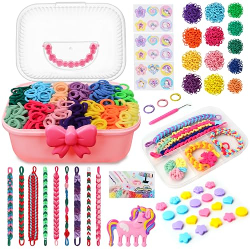 Loom Bänder Set für Kinder, Freundschaftsarmbänder Selbstmach Kit, Einhorn Webkamm, 1000pcs Bunte Elastische Webstuhlbänder, Bastelset für Mädchen ab 6 Jahre