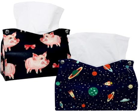 lcndlsoe 2 Pack Tissue Box Cover Holder, Space Planets Orbits Rockets Satellite Flying Saucer Stars Cosmos Rectangle Leather Tissue Case, Decorative Organizer for Tabletop, Bathroom, Car, Office