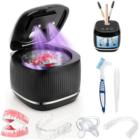 Pavlleen Ultraljudsrengörare för tandvård, effektiv 360° ultraljudsrengöring, 200 ml, 45000 Hz 25 W bärbar UV-tandtandstång för tandvård, tandferula, retarderare, alligner, smycken
