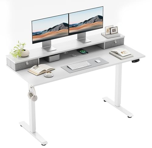 Klicelor Höhenverstellbarer Schreibtisch mit 2 Schubladen | 140 x 60 cm Schreibtisch elektrisch, Gaming Schreibtisch, Computertisch mit 2 Speicherplätzen für Homeoffice, Weiß