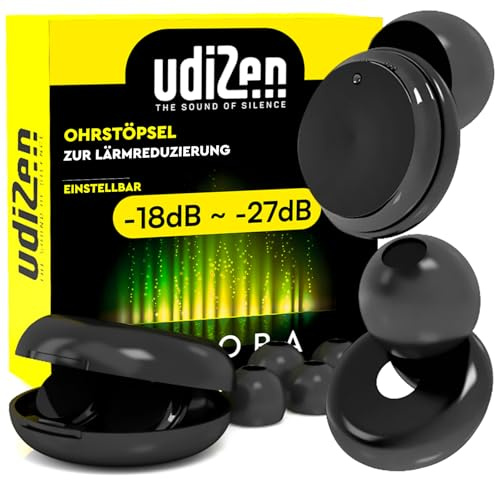 Bouchons d'oreilles Antibruit pour Voyager Dormir Étudier -18dB ~ -27dB UdiZen Aurora - 1 Paire de Bouchons Réutilisables Ergonomiques Réduction du Bruit SNR Réglable Protection Auditive avec Étui