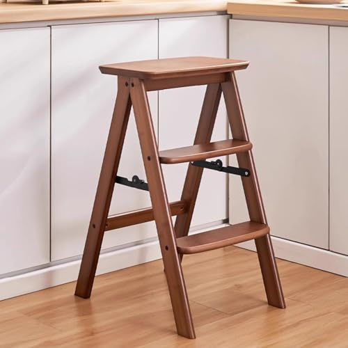 ACLFF Tritthocker 3 Stufen, Tritthocker Klappbar Trittstuhl, Hockerleiter Bis 180 kg, Trittleiter aus Bambusmaterial, Leiterstuhl für Bibliotheken oder Zuhause, Walnuss