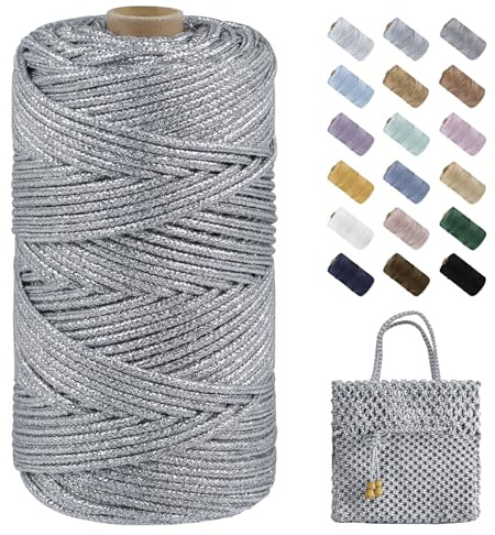 LEREATI Polyester Makramee Garn 3mm x 100m Glitzer Häkelgarn für Taschen Metallic Garn zum Stricken Umhängetasche, Handtasche, Hängepflanze, DIY Handwerk (Silber)