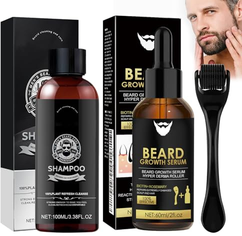 Crece Barba Kit, Aceite Barba, Champú Barba, con Rodillo, Favorece el Crecimiento de la Barba y el Cabello, Un Regalo Ideal para Hombres o para el Día del Padre