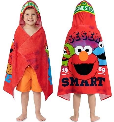 Get Trend Sesame Street Bath Towels with Hood for Boys, 49”x30”, One Size Soft and Absorbent Cotton Hooded Beach Towel Wrap, Poncho for Swimming Pool Travel for Boys (Red Sesame Street)