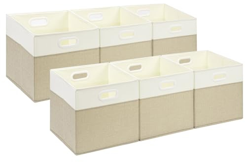 SOCOHOME Aufbewahrungsboxen,33x33x33cm 6er Set Korb Stoff-Aufbewahrungskörbe Zusammenklappbar für Babyzimmer Schrank & Spielzeug(Helles Khaki/Weiß)