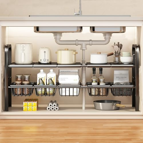 Organizador para Muebles bajo Fregadero, de 2 Niveles, Extensible de 53 a 88 cm, con 5 cestas extraíbles y 5 Paneles extraíbles para el Almacenamiento en la Cocina o el Cuarto de baño, Negro