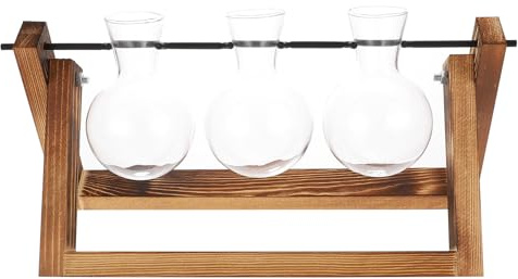 HOODANCOS Retro Glas Pflanzgefäß mit Holzständer Hydroponik Wasserpflanzen Terrarium Vielseitiger Tischdeko Vase für Hydrokultur und Zimmerpflanzen Propagation