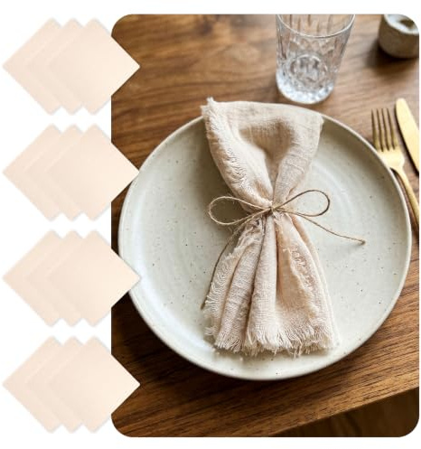 12 Piezas Servilletas de Tela, Servilletas de Algodón Efecto Lino con Flecos, Reutilizables y Lavables con 10 Metros de Cuerda para Boda, Fiesta y Decoración de Mesa, 45 x 45 cm
