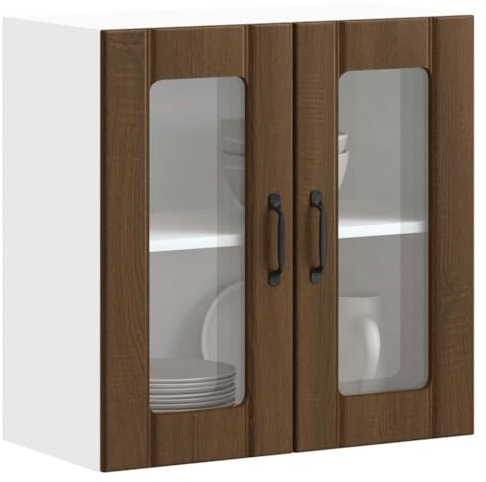Ezbryzmatic Lucca Walnut Oak Effect Wall Cabinet with Glass Door, Chipboard and Glass, 60 x 31 x 60 cm, Wall Mounted Storage Space Suitable for Tableware, Display Cabinet, Style Kitchen Furniture