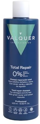 Valquer Total Repair Zero Shampoo. Repairs, Softens and Moisturizes Damaged and Dry Hair. Intense and Nutritious Hydration. With Green Caviar, Panthenol, Vitamin E and Cotton Capsules. Vegan. 400ml