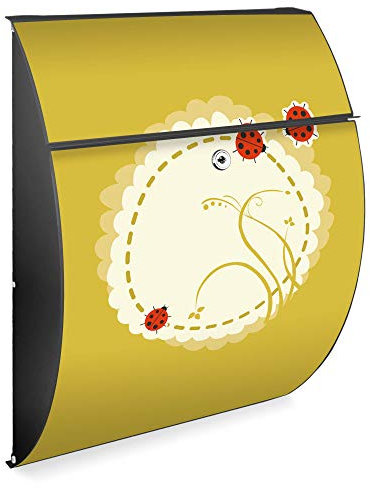 banjado Design Briefkasten - Modell Riviera 46x33,5x13cm groß - verzinkter Stahl anthrazit - Postkasten Öffnungsstopp großer A4 Einwurf Zylinderschloss 2 Schlüssel - Motiv DREI Marienkäfer