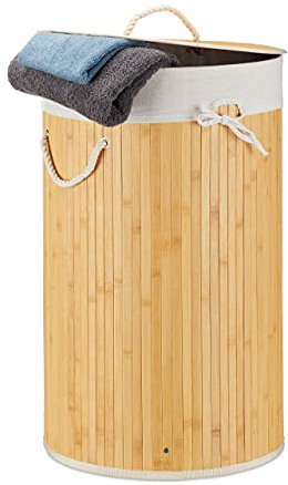 Relaxdays, Creme Wäschekorb Bambus, Faltbare Wäschetonne mit Deckel, Volumen 70 l, Wäschesack Baumwolle, rund Ø 41 cm, 10019051_550