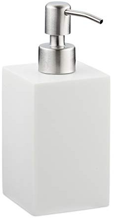 Relaxdays Seifenspender 300 ml, nachfüllbar, Bad, Küche, Flüssigseifenspender eckig, Polyresin, Edelstahlpumpe, weiß