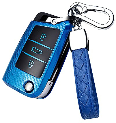 HIBEYO Smart Autoschlüssel Hülle für VW Golf 7 MK4 MK6 Polo Jetta Skoda Karoq Superb Seat Ibiza Leon Schlüsselgehäuse Fernbedienung Cover Schutzhülle Etui Schlüsselbox Schlüsselanhänger TPU-Blau