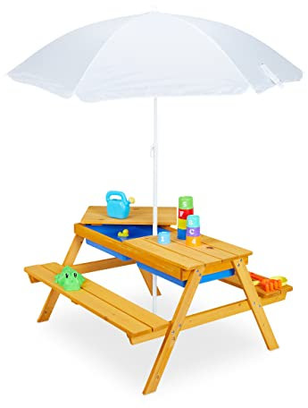 Relaxdays Kindersitzgruppe für draußen, Garten Picknickbank mit Schirm, Holz, Sand- & Wasserspieltisch für Kinder, natur, 49 x 86 x 92,5 cm