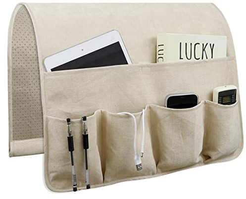 NB Organizador de reposabrazos para sofá y mesita de noche, con 5 bolsillos, soporte antideslizante para mando a distancia, accesorios organizadores para sillón, sofá, color beis, 89 x 46 cm