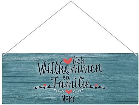 Haustürschild mit Name - Herzlich Willkommen bei Familie - Metallschild mit Familienname personalisieren, Outdoorschild aus Aluminium | Wetterfest, 24x9 cm