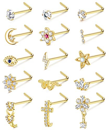 Adramata 15 Pcs 20G Nasenpiercing Stecker Nasenring für Damen Herren Chirurgenstahl Nasenpiercing L/Schraube Geformt Nasenstecker Schlange Blume Silber Gold Nasenstecker Nasenpiercing Schmuck