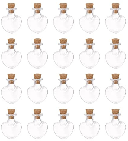 sourcing map 20 mini botellas de vidrio con tapones de corcho, frascos de vidrio pequeños en forma de corazón de melocotón, botellas de deseos transparentes para manualidades, decoración de fiestas