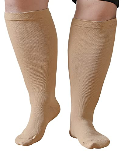 ZFSOCK Bas de Contention Femme Homme: Chaussettes de Contention Compression Grande Taille Gros Mollet 20-30mmhg pour Infirmiere Running Sport Voyage Grossesse XXL-7XL Noir Beige 1 Paire