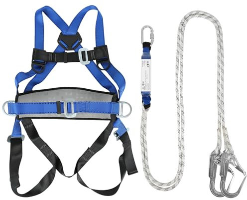 Btstil Fallschutz Auffanggurt, Absturzsicherung Sicherheitsgurt Set 5 Punkt Vollkörper Auffanggurt mit Sicherheitsseil Puffer für Outdoor Baumklettern Bergsteigen Rettungsdienst (Blau)