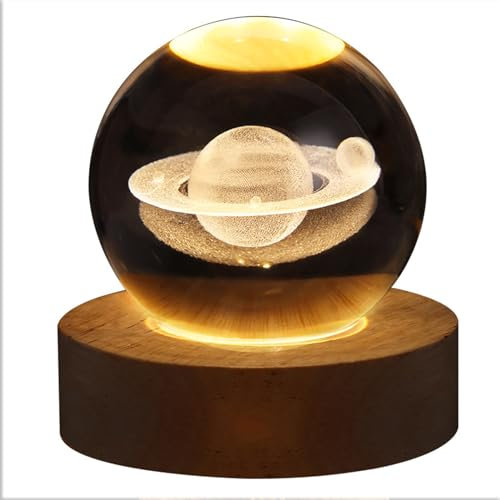 Excerando Lampe Boule de Cristal Saturne LED Colorée Bois Décor Planète Chambre Salon