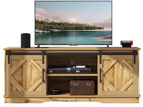 HYUB TV-Schrank, für unter 65-Zoll-Fernseher, TV Lowboard mit Einstellbare Regale und Offenes Ablagefach, Modern TV Sideboard mit 2 Klassischen Schiebetüren, für Ihr Wohnzimmer Schlafzimmer, Braun