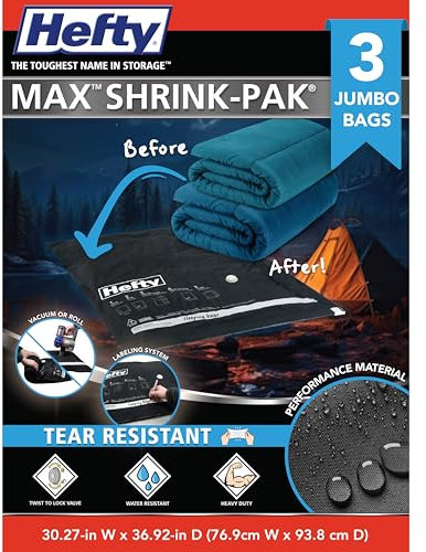 Hefty MAX Shrink-Pak Vacuum Storage Bags – Max Strength Tear-Proof Bags For Clothes, Pillows, Towels, Blankets & More – Space Saver Suction Sealer Bags for Home – 3 Jumbo, 30 x 36 Inches