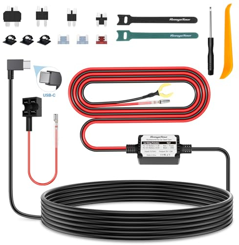Range Tour Dash Cam Hardwire Kit, USB-C Port 4m Hard Wiring Kit for Car Cam Car Charger Power Cord 12V/24V to 5V 2.5A Charger Cable with 4 Power Adapters 3 Fuses for Dashcam