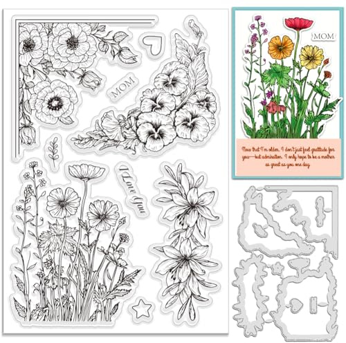 INFUNLY 2pcs Mothers Day Flowers Silicone Stamp and Die Set - Rose Lily Corner Frame Cutting Dies for Card Making, DIY Scrapbooking, Embossing Album Craft with Mom I Love You