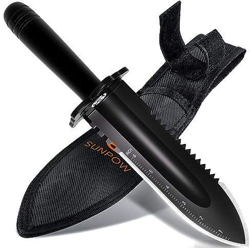 SUNPOW Pala per Metal Detector - Cazzuola per Scavo con Doppio Bordo Seghettato per Carichi Pesanti - Strumenti per Scavo da Giardino con Guaina per il Trasporto - Accessori per Metal Detector