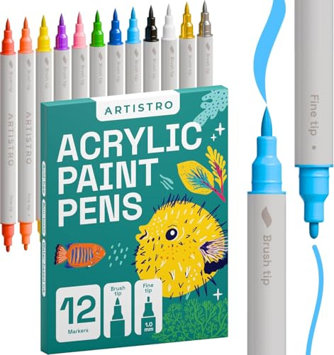 ARTISTRO 12 Acrylic Paint Pens – Dual Tip (Brush & Fine) Markers for Fabric, Canvas, Rock, Glass, Wood – Calligraphy, Scrapbook Supplies DIY & Gift for Kids, Teens - Art Set