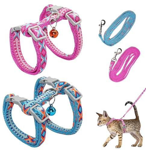 Juego de 2 arneses ajustables para gatos, arnés de nailon resistente a roturas (azul claro y rosa), correa para gatitos