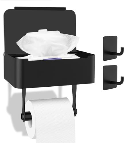 Toilettenpapierhalter Schwarz, Klopapierhalter mit Feuchttücherbox ohne Bohren Edelstahl, Selbstklebende Klorollenhalter mit Ablage und 2 Klebehaken, Klopapierhalter Schwarz für Küche und Badezimmer