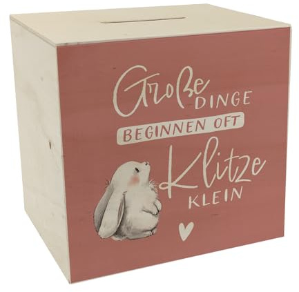 Baby Hase Spardose aus Holz mit Spruch Große Dinge beginnen oft Klitzeklein Rosa Kaninchen Spardose aus Holz Herz Geschenk zur Geburt Sparen fürs Baby Schwanger Taschengeld