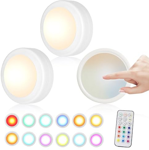 Aoreun Unterbauleuchten, 3pcs RGB Kabellose Schrankbeleuchtung 12 Farben LED Küchelicht mit Fernbedienung Timing-Funktion, Batteriebetriebene Schrankleuchten Beleuchtung Dimmbar Treppenlicht, Weiß