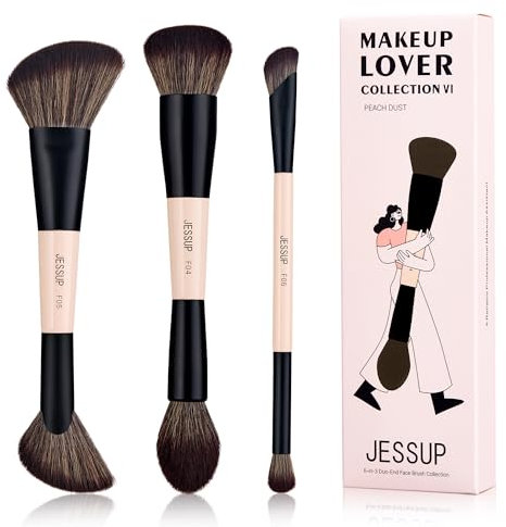 Jessup Pinselset make up Gesichts Make up Pinsel, 6-in-3-Set mit doppelseitig Makeup Pinsel Grundierung Kontur Rouge Highlighter Puder hochwertig synthetisch Pfirsichstaub T508