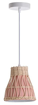 O91 Lámpara de Techo Colgante Blanca Estilo Oriental con Tulipa Cónica | Modelo Kumiko Lámpara de Techo Salón y Dormitorio | Lámpara de Ratán y Aluminio 18x18x18,5cm