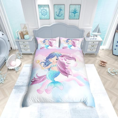 Homemissing Single Unicorn Mermaid Duvet Cover Cartoon Mermaid Comforter Cover Set 100% Cotton Children's Boys and Girls Cute Unicorn Comforter Cover Set Wildlife