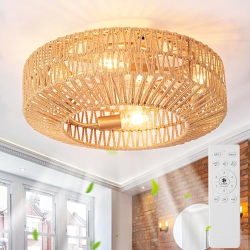 Ventilateur de plafond avec éclairage et télécommande E27 Rétro Corde de chanvre Plafonnier avec ventilateur silencieux 6 vitesses Moteur réversible Lampe avec ventilateur pour salon, chambre à