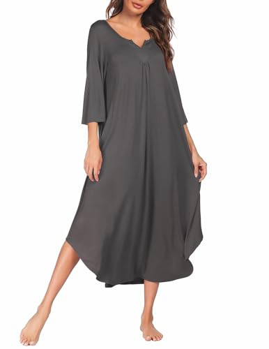 Ekouaer Nattlinne dam lång sovskjorta stora storlekar 3/4 ärmar oversize nattlinne V-ringad mjuk och lös nattkläder S–3XL, GRÅ, XL