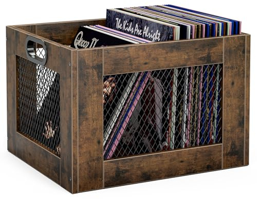 TEMI Vinyl Record Storage Crate – Large Wooden Record Holder for 70+ Albums – Industrial-Style Record Organizer and Durable Record Storage Solution for Home or Studio, Easy to Assemble