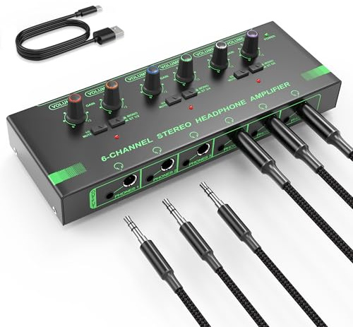 HOSONGIN 6 Channels Headphone Amplifier with Independent Volume Control, Compact Mini Earphone Splitter, Stereo/Mono Switch, Compatible with 1/4 & 1/8 TS/TRS for Studio & Stage