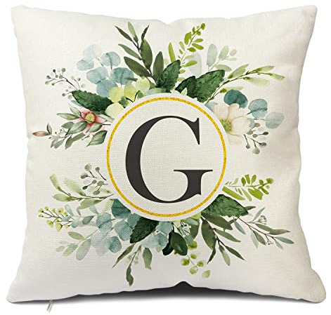 Snylcce Monogram Floral Cushion Cover 30x50 cm, Personalised Letter G Pillowcase for Sofa