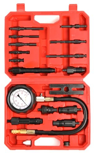 Yonligonju 17pc Diesel Engine Compression Tester Kit, Diesel Compression Tester Cylinder Pressure Gauge for Diesel Cars and Trucks(red)